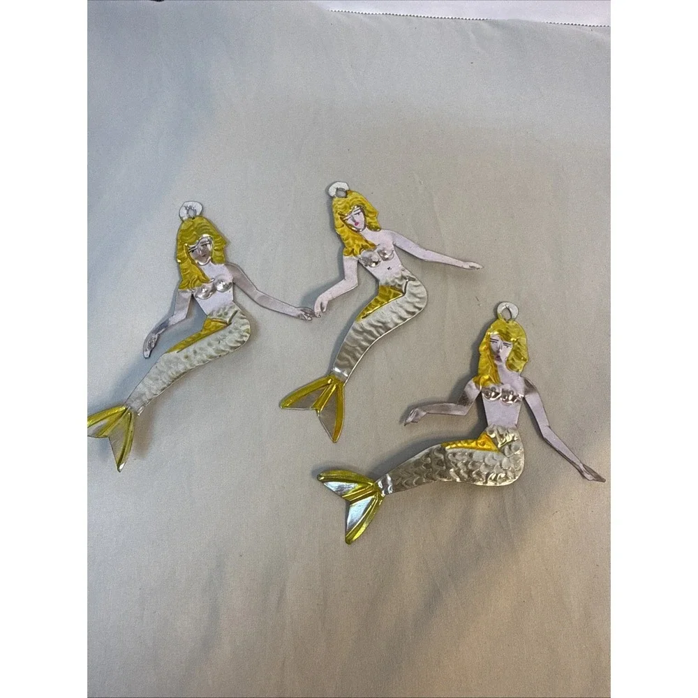 Vintage 3 Metal Mermaids Wall Decor Art Trio Gold Silver Toned Coastal Nautical